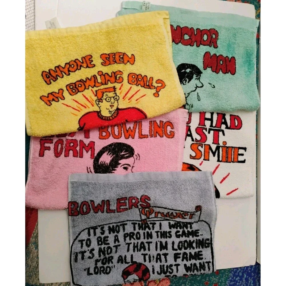 Lot of 5 Vintage 1970s Novelty Bowling Towels Humorous Comic Crying Towels